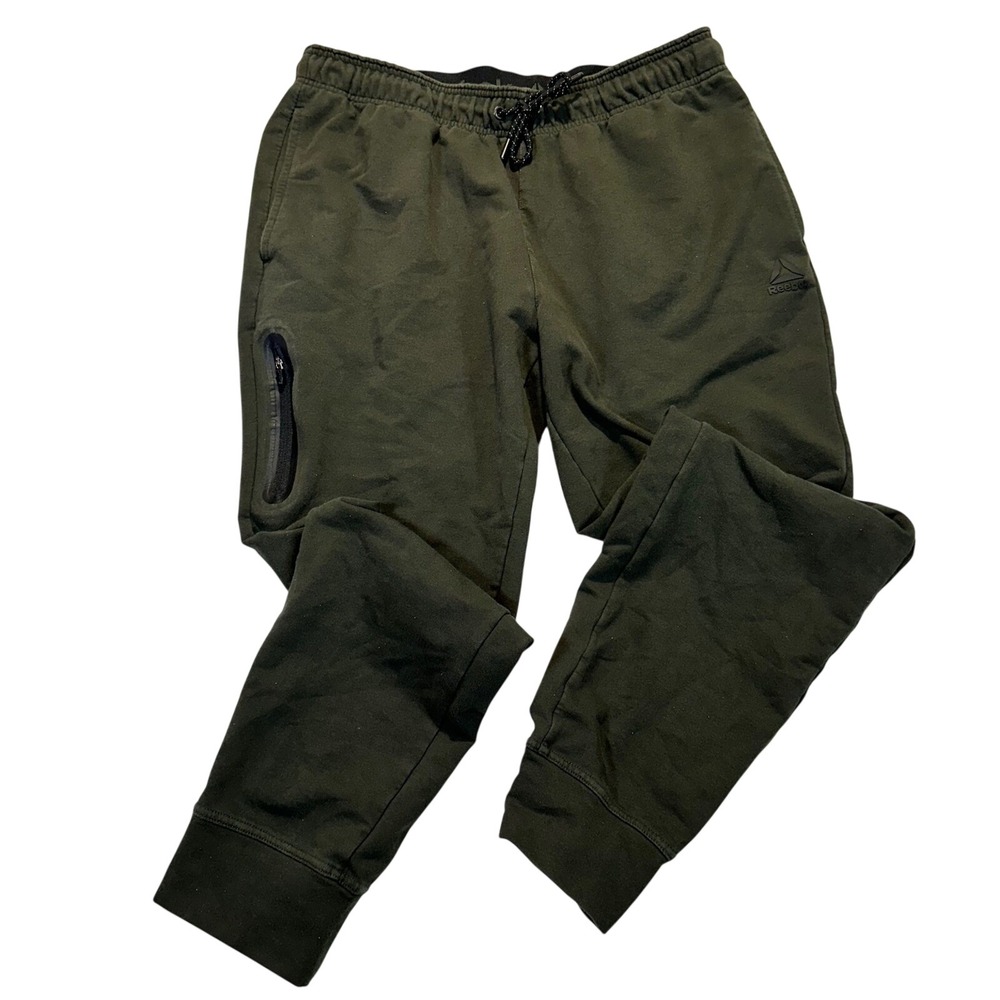 Reebok Mens Joggers Olive Green Fleece Sweatpants Large Athleisure Casual‎